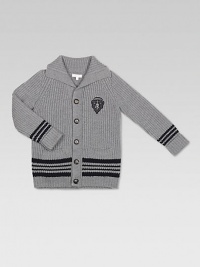 Classic cardigan with shawl collar, rendered in extra-fine merino wool with contrasting stripes and Gucci crest patch.Shawl collarLong sleevesButton-frontFront patch pocketsRibbed cuffs and hemMerino woolDry cleanMade in Italy Please note: Number of buttons may vary depending on size ordered. Classic cardigan with shawl collar, rendered in extra-fine merino wool with contrasting stripes and Gucci crest patch.Shawl collarLong sleevesButton-frontFront patch pocketsRibbed cuffs and hemMerino woolDry cleanMade in Italy Please note: Number of buttons may vary depending on size ordered.