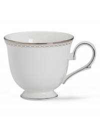Combining elements both modern and vintage, the understated Pearl Platinum collection is designed to mimic a strand of lustrous pearls. With imitation pearl accents and platinum rims on fine bone china. Combining elements both modern and vintage, the understated Pearl Platinum collection is designed to mimic a strand of lustrous pearls. With imitation pearl accents and platinum rims on fine bone china.