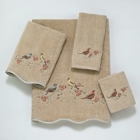 Luxurious sheared velour towel is intricately embroidered with birds perched on branches. Finished with a scalloped edge trimmed in satin binding, the soft coloration makes it a perfect fit for any bathroom decor. Luxurious sheared velour towel is intricately embroidered with birds perched on branches. Finished with a scalloped edge trimmed in satin binding, the soft coloration makes it a perfect fit for any bathroom decor.