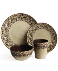 With a design that hails from Asia, the Mehndi dinnerware set by Jay Imports is an exotic beauty for every day of the week. Rustic earthenware in contemporary coupe shapes is complemented by rich coffee colors. With a design that hails from Asia, the Mehndi dinnerware set by Jay Imports is an exotic beauty for every day of the week. Rustic earthenware in contemporary coupe shapes is complemented by rich coffee colors.