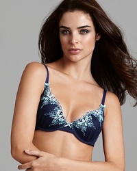 A lightly lined bra with plunging neckline and butterfly embroidery, a playful style from Betsey Johnson. A lightly lined bra with plunging neckline and butterfly embroidery, a playful style from Betsey Johnson.