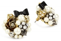 Betsey Johnson Simulated-Pearl and Black Bow Button Stud Earrings Betsey Johnson Simulated-Pearl and Black Bow Button Stud Earrings