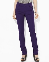 Rendered in sleek stretch cotton, an elegant pant is crafted with a slim straight leg and equestrian-inspired details. Rendered in sleek stretch cotton, an elegant pant is crafted with a slim straight leg and equestrian-inspired details.