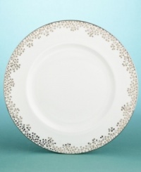 The innovation of copperplate engraving was ‘transferred' to pottery in the 18th and 19th centuries for a novel method of ceramic glazing. This made it possible to pattern onto three-dimensional wares in fine, intricate detail-like that of a hand drawing-often rendered in tiny dots. The meandering lines of Bouquet's rim borders were inspired by this type of antique transferware piece; a small center medallion embellishes the accent plates for a lovely layered look. The innovation of copperplate engraving was ‘transferred' to pottery in the 18th and 19th centuries for a novel method of ceramic glazing. This made it possible to pattern onto three-dimensional wares in fine, intricate detail-like that of a hand drawing-often rendered in tiny dots. The meandering lines of Bouquet's rim borders were inspired by this type of antique transferware piece; a small center medallion embellishes the accent plates for a lovely layered look.