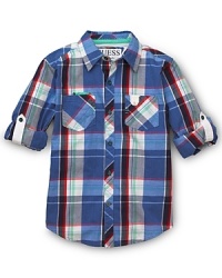 A blue-hued vibrant plaid print and roll-up sleeves add effortless style to this GUESS Kids button up. A blue-hued vibrant plaid print and roll-up sleeves add effortless style to this GUESS Kids button up.