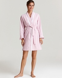 A long sleeve seersucker robe with lace and ruffle trim, a girlish style from Eileen West. A long sleeve seersucker robe with lace and ruffle trim, a girlish style from Eileen West.