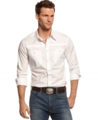 Easy style isn't a stretch with this workshirt-inspired shirt from Armani Jeans. Form-fitting and full of on-trend style. Easy style isn't a stretch with this workshirt-inspired shirt from Armani Jeans. Form-fitting and full of on-trend style.