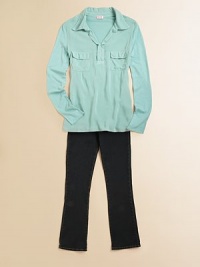 Hip, stylish and extra stretchy, these classic flares are perfect for the playground.Front zip and button closureBelt loopsFront slant pocketsBack slash pockets with welt details73% cotton/26% polyester/1% spandexMachine washDry clean Hip, stylish and extra stretchy, these classic flares are perfect for the playground.Front zip and button closureBelt loopsFront slant pocketsBack slash pockets with welt details73% cotton/26% polyester/1% spandexMachine washDry clean