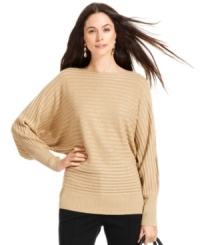 Alfani's ribbed metallic sweater features a dolman-sleeve silhouette for relaxed, yet chic style. Pair it with anything in your closet from jeans to pencil skirts. Alfani's ribbed metallic sweater features a dolman-sleeve silhouette for relaxed, yet chic style. Pair it with anything in your closet from jeans to pencil skirts.