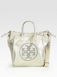 Stunning metallic pebbled leather with an iconic, perforated logo emblem; perfect for all your essentials.Double top handles, 4½ dropDetachable adjustable shoulder strap, 16-26 dropMagnetic snap closure with drawstringOne outside open pocketOne inside zip pocketTwo inside open pocketsCotton lining11¾W X 14½H X 6½DImported Stunning metallic pebbled leather with an iconic, perforated logo emblem; perfect for all your essentials.Double top handles, 4½ dropDetachable adjustable shoulder strap, 16-26 dropMagnetic snap closure with drawstringOne outside open pocketOne inside zip pocketTwo inside open pocketsCotton lining11¾W X 14½H X 6½DImported