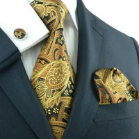 Landisun 651 Gold Black Paisleys Mens Silk Tie Set: Tie+Hanky+Cufflinks Landisun 651 Gold Black Paisleys Mens Silk Tie Set: Tie+Hanky+Cufflinks