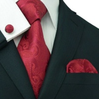 Landisun 104 True Red Paisleys Mens Silk Tie Set: Tie+Hanky+Cufflinks Exclusive