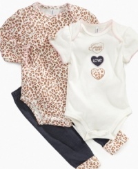 These two bodysuits and matching pair of pants from Guess will have her rocking adorable and versatile style. These two bodysuits and matching pair of pants from Guess will have her rocking adorable and versatile style.