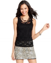 Doll-up in the season's favorite fabric with this sheer lace tank top from Say What? -- a cute choice for day or night! Doll-up in the season's favorite fabric with this sheer lace tank top from Say What? -- a cute choice for day or night!