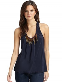 THE LOOKSleevelessBeaded fringe detailGentle front and back ruchingRacerbackTHE FITAbout 27 from shoulder to hemTHE MATERIALSilkCARE & ORIGINDry cleanMade in USAModel shown is 5'10 (177cm) wearing US size Small. THE LOOKSleevelessBeaded fringe detailGentle front and back ruchingRacerbackTHE FITAbout 27 from shoulder to hemTHE MATERIALSilkCARE & ORIGINDry cleanMade in USAModel shown is 5'10 (177cm) wearing US size Small.