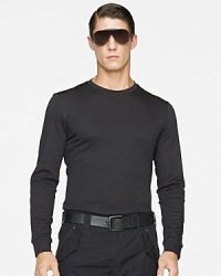 A trim-fitting long-sleeved crewneck transitions from a casual basic to a polished essential in sleek interlock cotton with supple Italian lambskin patches. A trim-fitting long-sleeved crewneck transitions from a casual basic to a polished essential in sleek interlock cotton with supple Italian lambskin patches.