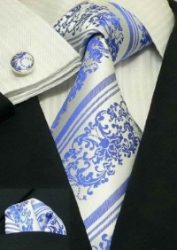 Landisun 30G White Blue Paisley Mens Silk Tie Set: Tie+Hanky+Cufflinks Exclusive