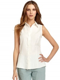 THE LOOKShirt collarFront textured woven placket with frayed detailConcealed button closurePrincess seams in frontTHE FITAbout 26 from shoulder to hemTHE MATERIAL61% cotton/39% silkCARE & ORIGINDry cleanImportedModel shown is 5'10½ (179cm) wearing US size 4. THE LOOKShirt collarFront textured woven placket with frayed detailConcealed button closurePrincess seams in frontTHE FITAbout 26 from shoulder to hemTHE MATERIAL61% cotton/39% silkCARE & ORIGINDry cleanImportedModel shown is 5'10½ (179cm) wearing US size 4.