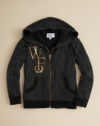 An oversized AF embroidery wrought in glam gold tones lends a touch of sophistication to WILDFOX's zip hoodie. An oversized AF embroidery wrought in glam gold tones lends a touch of sophistication to WILDFOX's zip hoodie.