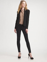Closely-cropped, impeccably tailored and dotted with polished studs, it's modern update on the classic silk blazer.Foldover neckline and lapelRuched seams at elbowSingle-button closureWelt pocketsPointed hemAbout 23 from shoulder to hemSilkDry cleanImportedModel shown is 5'9 (175cm) wearing US size Small. Closely-cropped, impeccably tailored and dotted with polished studs, it's modern update on the classic silk blazer.Foldover neckline and lapelRuched seams at elbowSingle-button closureWelt pocketsPointed hemAbout 23 from shoulder to hemSilkDry cleanImportedModel shown is 5'9 (175cm) wearing US size Small.