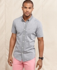 Simple style comes in a slim fit with this short-sleeved shirt from Tommy Hilfiger. Simple style comes in a slim fit with this short-sleeved shirt from Tommy Hilfiger.