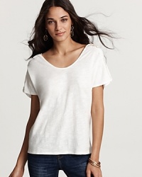 Velvet by Graham & Spencer updates an essential tee with crochet insets at the shoulder. Velvet by Graham & Spencer updates an essential tee with crochet insets at the shoulder.
