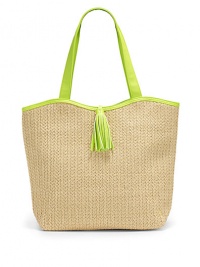 THE LOOKNatural raffia with bright neon leather trimClam shell top silhouetteOpen top with tassel tabSignature goldtone S studInside logo printTHE MEASUREMENT15¾W X 12¼H X 4DTHE MATERIALRaffiaLeather trimFully linedORIGINImported THE LOOKNatural raffia with bright neon leather trimClam shell top silhouetteOpen top with tassel tabSignature goldtone S studInside logo printTHE MEASUREMENT15¾W X 12¼H X 4DTHE MATERIALRaffiaLeather trimFully linedORIGINImported