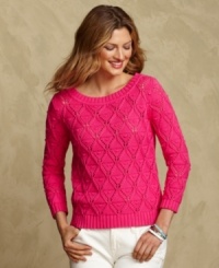 Tommy Hilfiger's pretty sweater lends handcrafted appeal to your casual look. Open-knit stitches and bobbles make for a textural topper that's oh-so-cozy. Tommy Hilfiger's pretty sweater lends handcrafted appeal to your casual look. Open-knit stitches and bobbles make for a textural topper that's oh-so-cozy.