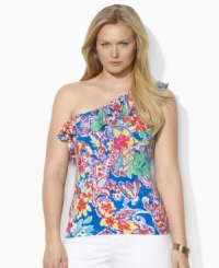 Bright and breezy in a vibrant paisley print, Lauren by Ralph Lauren's flirty plus size top is rendered in light-as-air tissue cotton in an alluring one-shoulder silhouette. Bright and breezy in a vibrant paisley print, Lauren by Ralph Lauren's flirty plus size top is rendered in light-as-air tissue cotton in an alluring one-shoulder silhouette.