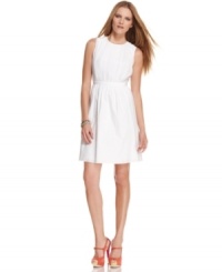 A back exposed zipper closure ups the edge on this pleated T Tahari dress for a summer-y look that's not overly sweet! A back exposed zipper closure ups the edge on this pleated T Tahari dress for a summer-y look that's not overly sweet!