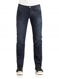 THE LOOKMedium dark wash blue denimNarrow waistband with belt loops and logo button closureFront zipperFive-pocket styleFaded detailsStraight leg silhouetteBack waist logo patchBack pocket decorative stitching THE FITRise, about 9Inseam, about 32THE MATERIAL99% cotton/1% spandexCARE & ORIGINMachine washImported THE LOOKMedium dark wash blue denimNarrow waistband with belt loops and logo button closureFront zipperFive-pocket styleFaded detailsStraight leg silhouetteBack waist logo patchBack pocket decorative stitching THE FITRise, about 9Inseam, about 32THE MATERIAL99% cotton/1% spandexCARE & ORIGINMachine washImported