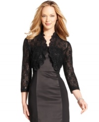 Put a glamorous finishing flourish on your special occasion ensemble with Alex Evenings' beautiful bolero, made of sheer lace with sequins and scalloped edges. Put a glamorous finishing flourish on your special occasion ensemble with Alex Evenings' beautiful bolero, made of sheer lace with sequins and scalloped edges.