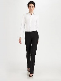 This classic, straight-legged silhouette is rendered in perfectly pinstriped wool.Self waistband with belt loopsZip fly with button closureBack button welt pocketsInseam, about 35½56% wool/41% viscose/3% elastaneDry cleanMade in Italy of imported fabricModel shown is 5'11 wearing US size 4.OUR FIT MODEL RECOMMENDS ordering true size. This classic, straight-legged silhouette is rendered in perfectly pinstriped wool.Self waistband with belt loopsZip fly with button closureBack button welt pocketsInseam, about 35½56% wool/41% viscose/3% elastaneDry cleanMade in Italy of imported fabricModel shown is 5'11 wearing US size 4.OUR FIT MODEL RECOMMENDS ordering true size.
