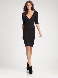 Signature bandage construction, featuring a sexy plunging neckline offset by demure elbow-length sleeves.V necklineElbow-length sleevesBandage constructionBack zipAbout 23 from natural waist90% rayon/9% nylon/1% spandexDry cleanImportedModel shown is 5'11 (180cm) wearing US size Small. Signature bandage construction, featuring a sexy plunging neckline offset by demure elbow-length sleeves.V necklineElbow-length sleevesBandage constructionBack zipAbout 23 from natural waist90% rayon/9% nylon/1% spandexDry cleanImportedModel shown is 5'11 (180cm) wearing US size Small.