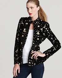 Rich details like gold-tone buttons and an opulent brocade pattern make this Alice + Olivia jacket a glamorous topper for fancy dresses and laid-back jeans alike. Rich details like gold-tone buttons and an opulent brocade pattern make this Alice + Olivia jacket a glamorous topper for fancy dresses and laid-back jeans alike.