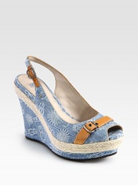 Delectable denim slingback design has leather trim and a hemp wedge. Self-covered and hemp wedge, 4½ (115mm)Covered platform, 1 (25mm)Compares to a 3½ heel (90mm)Denim and leather upperLeather liningRubber solePadded insoleImported Delectable denim slingback design has leather trim and a hemp wedge. Self-covered and hemp wedge, 4½ (115mm)Covered platform, 1 (25mm)Compares to a 3½ heel (90mm)Denim and leather upperLeather liningRubber solePadded insoleImported
