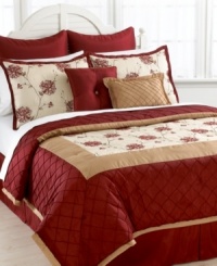 Rich with dramatic color and embroidery details, the Valor comforter set makes a decidedly romantic statement. A textured diamond pattern frames elegantly stitched roses, as bold European shams, decorative pillows and more work together for a new look of traditional elegance. Rich with dramatic color and embroidery details, the Valor comforter set makes a decidedly romantic statement. A textured diamond pattern frames elegantly stitched roses, as bold European shams, decorative pillows and more work together for a new look of traditional elegance.