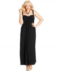 Bejeweled at the neckline, this plus size gown from R&M Richards has plenty of sparkle. A long, sweeping silhouette makes an unforgettable impression at first glance! Bejeweled at the neckline, this plus size gown from R&M Richards has plenty of sparkle. A long, sweeping silhouette makes an unforgettable impression at first glance!