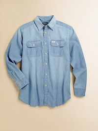 Rugged chambray cotton transforms a traditional button-down silhouette into a handsome workshirt, complete with dual chest pockets for an authentic, rustic feel.Pointed collarLong sleeves with barrel cuffsButton frontButton-flap patch pocketsShirttail hemCottonMachine washImported Please note: Number of buttons may vary depending on size ordered. Rugged chambray cotton transforms a traditional button-down silhouette into a handsome workshirt, complete with dual chest pockets for an authentic, rustic feel.Pointed collarLong sleeves with barrel cuffsButton frontButton-flap patch pocketsShirttail hemCottonMachine washImported Please note: Number of buttons may vary depending on size ordered.