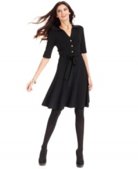 Grace Elements' A-line sweater dress looks chic with a self-tie belt and a faux-button front placket. Grace Elements' A-line sweater dress looks chic with a self-tie belt and a faux-button front placket.