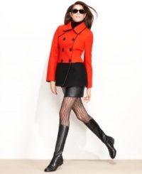 Perk up your look with this colorblocked pea coat from Steve Madden--a classic silhouette with completely contemporary touches. Perk up your look with this colorblocked pea coat from Steve Madden--a classic silhouette with completely contemporary touches.