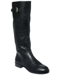 Embossed crocodile print on the front shaft of INC International Concepts Coco riding boots gives this alluring style some trendy texture. Embossed crocodile print on the front shaft of INC International Concepts Coco riding boots gives this alluring style some trendy texture.