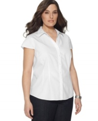 Top off your career looks with Jones New York Signature's cap sleeve plus size shirt, accented by a tonal dot pattern-- it doesn't require ironing! Top off your career looks with Jones New York Signature's cap sleeve plus size shirt, accented by a tonal dot pattern-- it doesn't require ironing!
