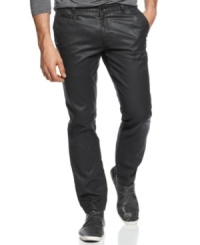 Don't miss an opportunity to impress. These coated slim-fit pants from Calvin Klein make a modern statement about your style. Don't miss an opportunity to impress. These coated slim-fit pants from Calvin Klein make a modern statement about your style.