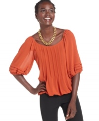 Studio M's blouse features a beautiful drape and unique tiered sleeve cuffs for a finishing touch.