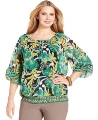 Enliven your casual look with Style&co.'s plus size peasant top, highlighted by a vibrant print-- dress it up with trousers or down with denim. Enliven your casual look with Style&co.'s plus size peasant top, highlighted by a vibrant print-- dress it up with trousers or down with denim.