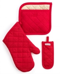 Beat the heat with professional grade protectors made from a durable herringbone weave and lined in soft terry cloth. Finished with quilted cotton exteriors, the mitt, potholder and handleslip infuse your space with vibrant color and a dependability that lasts through the years. Beat the heat with professional grade protectors made from a durable herringbone weave and lined in soft terry cloth. Finished with quilted cotton exteriors, the mitt, potholder and handleslip infuse your space with vibrant color and a dependability that lasts through the years.