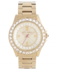 Swirling rings of glistening crystals add a luxe touch to this golden watch from Betsey Johnson. Swirling rings of glistening crystals add a luxe touch to this golden watch from Betsey Johnson.