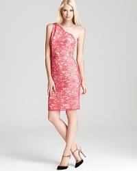 An illusion neckline lends a one-shouldered look to a vibrant lace dress from ERIN Erin Fetherston. An illusion neckline lends a one-shouldered look to a vibrant lace dress from ERIN Erin Fetherston.