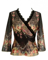 Black Wrap Shirt by Michal Negrin with Victorian Roses Rich Pattern, 3/4 Kimono Sleeves, Scalloped Edge Lace and Velvet Trim; Handmade in Israel - Size M Black Wrap Shirt by Michal Negrin with Victorian Roses Rich Pattern, 3/4 Kimono Sleeves, Scalloped Edge Lace and Velvet Trim; Handmade in Israel - Size M